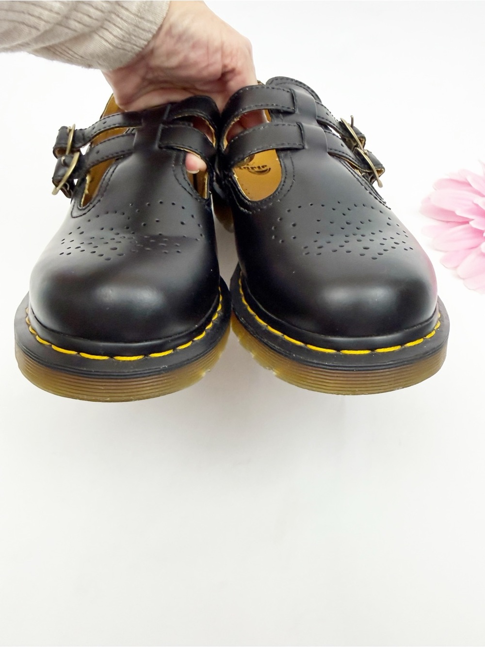 Dr. Martens Smooth Leather Mary Jane Shoes Black Double Buckle Perforated - Picture 4 of 15